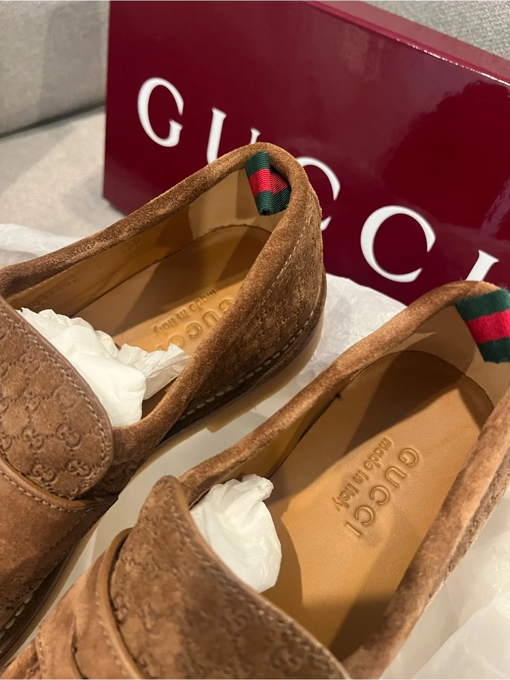 New GUCCI Men's Brown Suede GG Monogram Web Penny Loafers - UK Size 9 (US 10)